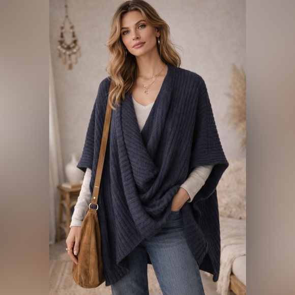 Anthropologie Sweaters - Anthropologie Wool blend Knit Ribbed Poncho Shawl Cardigan , one size